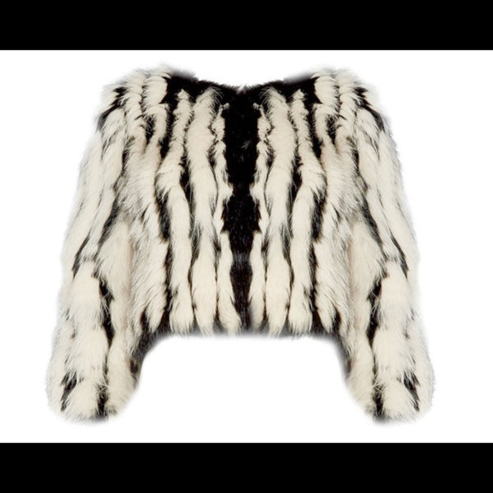 $1430 ALICE + OLIVIA "Tierra" rabbit fur beige / black stripe jacket sz XS